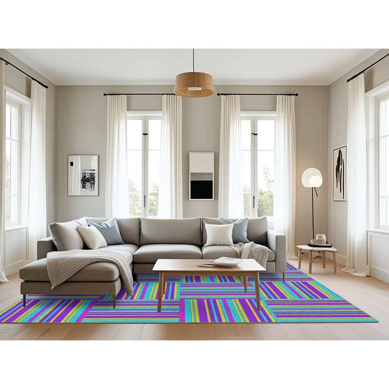 Tapis de zone mauve/turquoise à motifs, Rectangle 8 pi x 10 pi