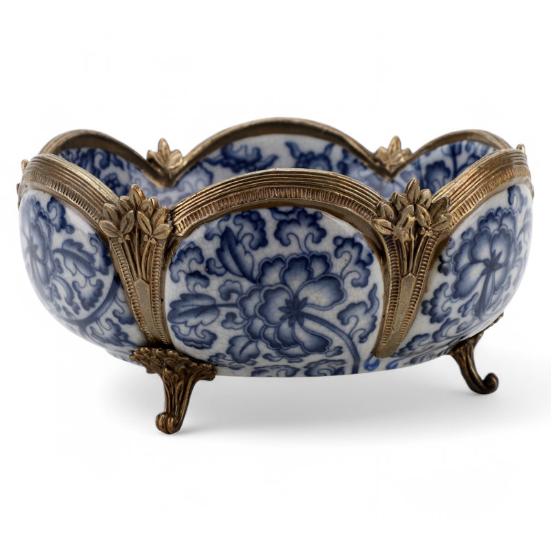 Porcelain Scallop Bowl With Bronze Blue White Floral