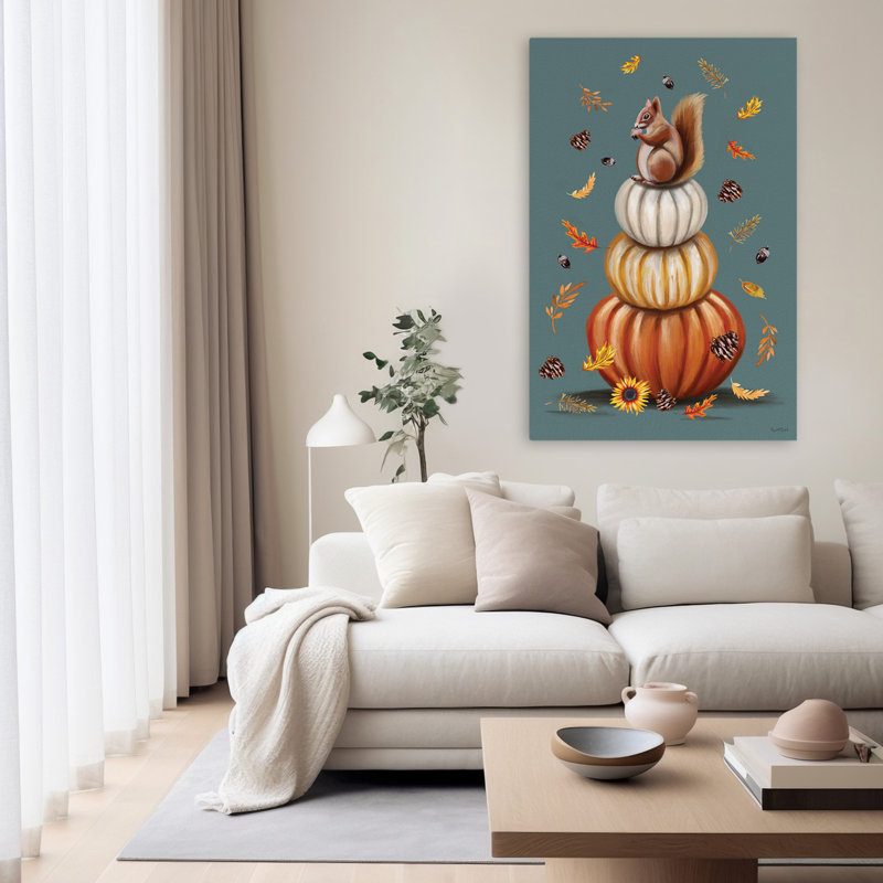 Écureuil sur une pile de citrouilles - art contemporain automne-écureuil, H 40 po x l 60 po