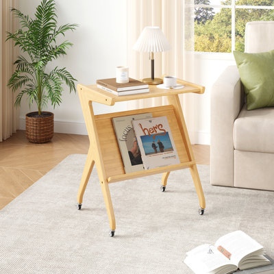 Wooden End Table With Wheels, Bamboo Side Table