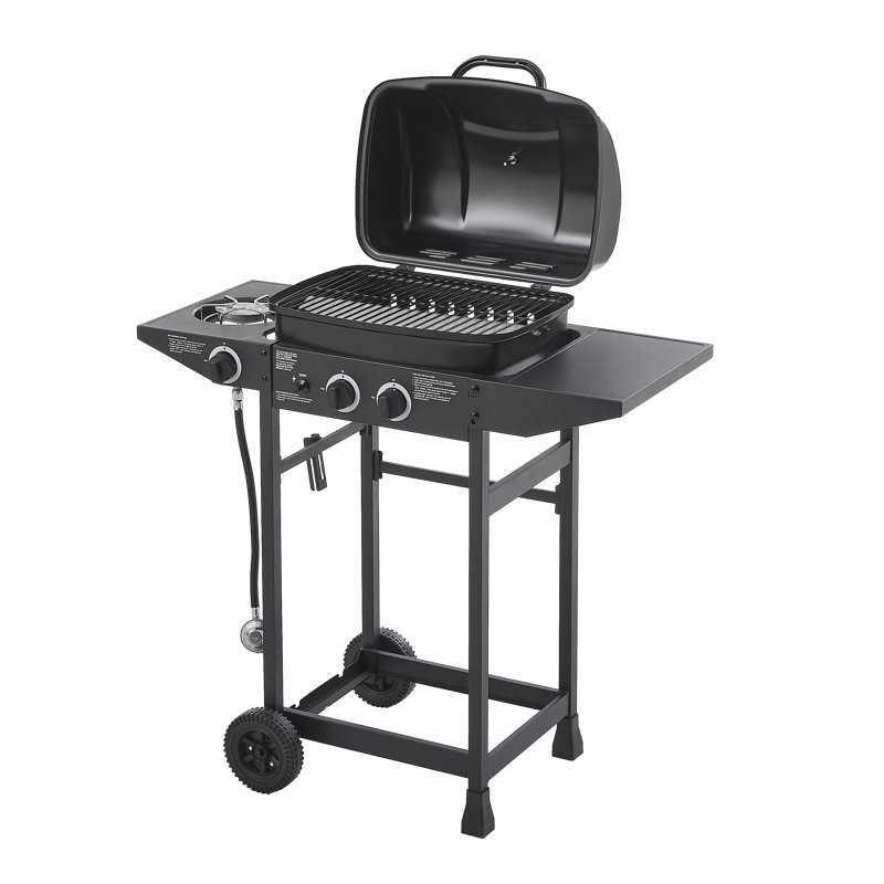 2 Burner BBQ Propane Gas Grill with Side Burner 24000 BTU Output Stainless Steel Barbecue Grill