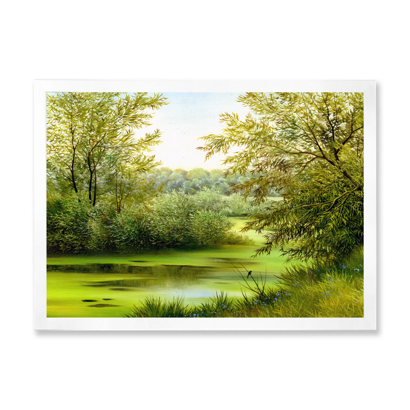 Étang vert avec arbres printaniers - Peinture sur toile, H 16 po x l 32 po x p 1 po, Cadre photo blanc