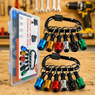 12 Piece Aluminum 1/4" Hex Shank Screwdriver Bit Holder Set With Keychain Extension Bars And Carabiners