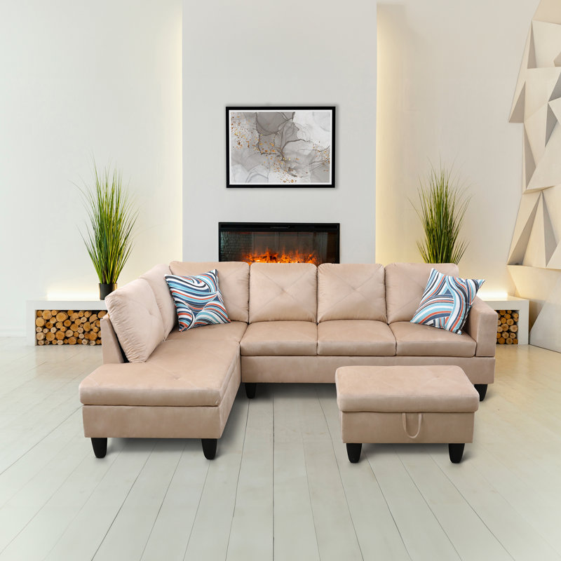 Amayrani Upholstered L-Shaped Sectional, Left Hand Facing, Beige