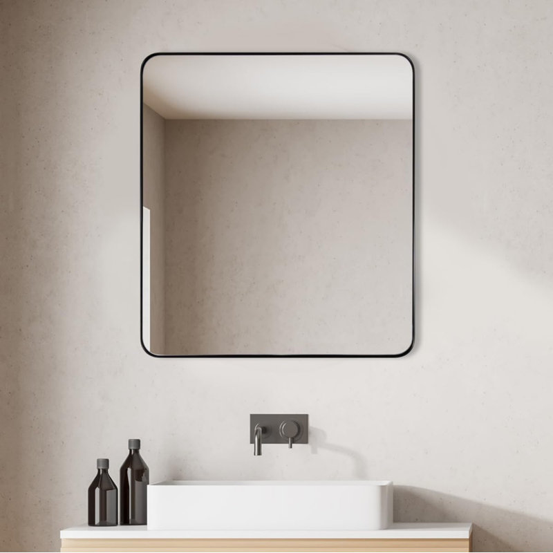Miroir de salle de bain rectangulaire arrondi moderne Inse | Cadre en acier inoxydable, 24 po x 24 po, Noir mat