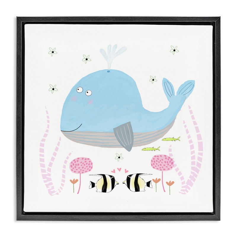 Cadre flottant bébé baleine et fleurs, design par Carla Daly, Cadre flottant noir de jais, H 18 po x l 18 po