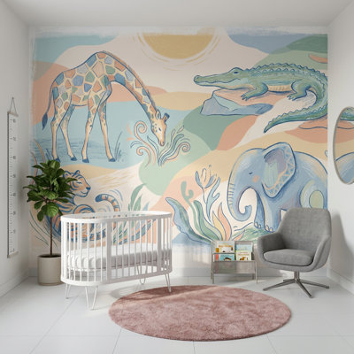 Papier peint pastel, animaux de safari, girafe et crocodile sur pierre
