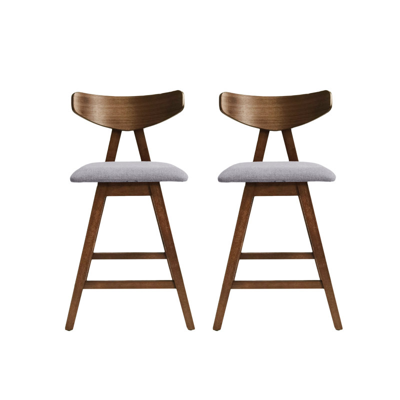 2 tabourets de comptoir rembourrés gris foncé - structure en bois d'hévéa de revêtement Mid-Century