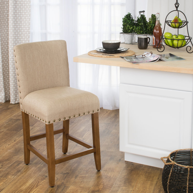 Arlene 24" Counter Stool with Nailheads, Tan/Oak Frame