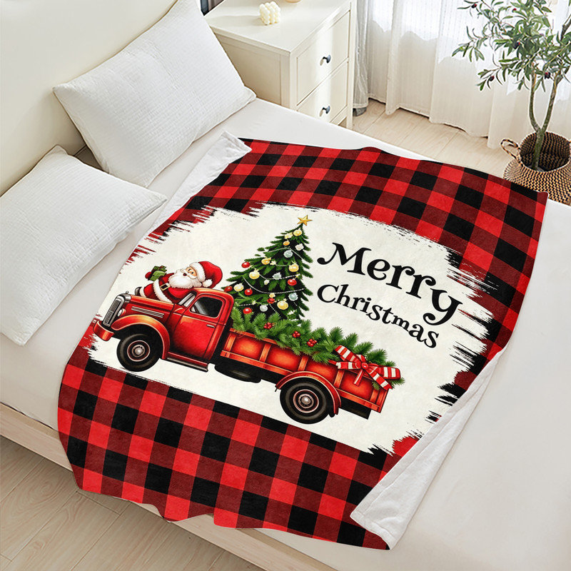 Plaid en flanelle polaire JYK pour Noël, léger, respirant, doux et chaud en microfibre pelucheuse, 127 x 152 cm, motif de camion du Père Noël à carreaux