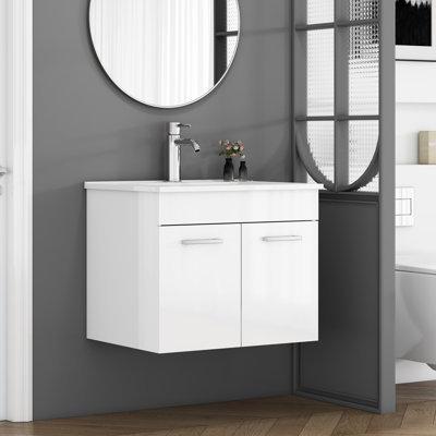 Meuble-lavabo mural 24 po avec lavabo, meuble-lavabo mural avec portes doubles, armoire de salle de bain murale, charnières à fermeture en douceur, longues poignées en métal, cuve en céramique, blanc brillant
