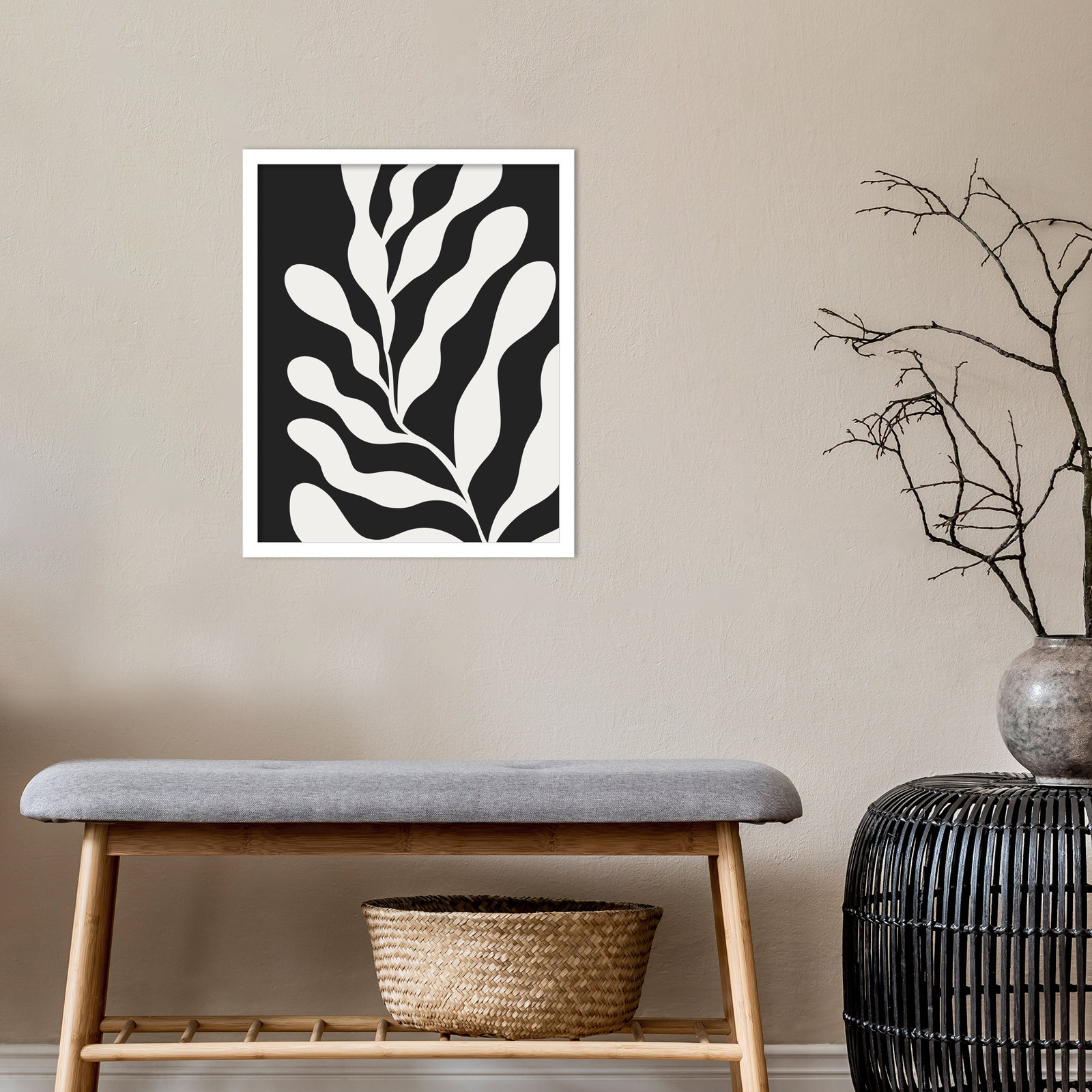 Retro Matisse Inspired Abstract Botanical 3 Black, White, 21" H x 17" W x 1" D