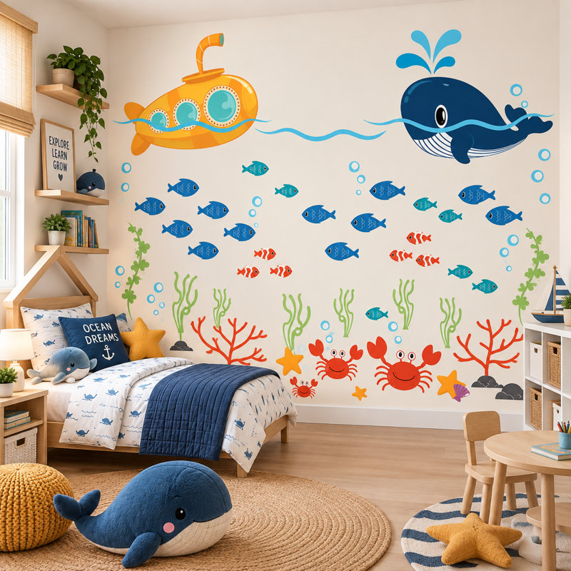 Adhésif décoratif sous-marin, océan, baleine, poisson et crabe sous la mer, Schéma B