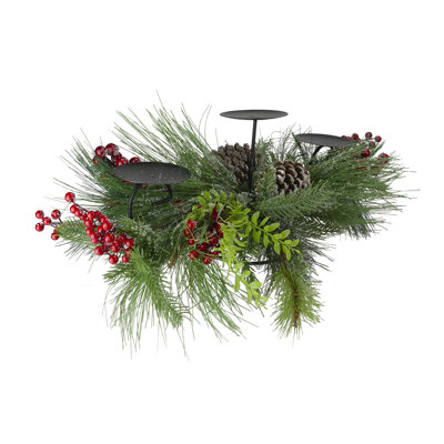 32" Iced Mixed Pine Berries and Pine Cones Christmas Pillar Candle Holder