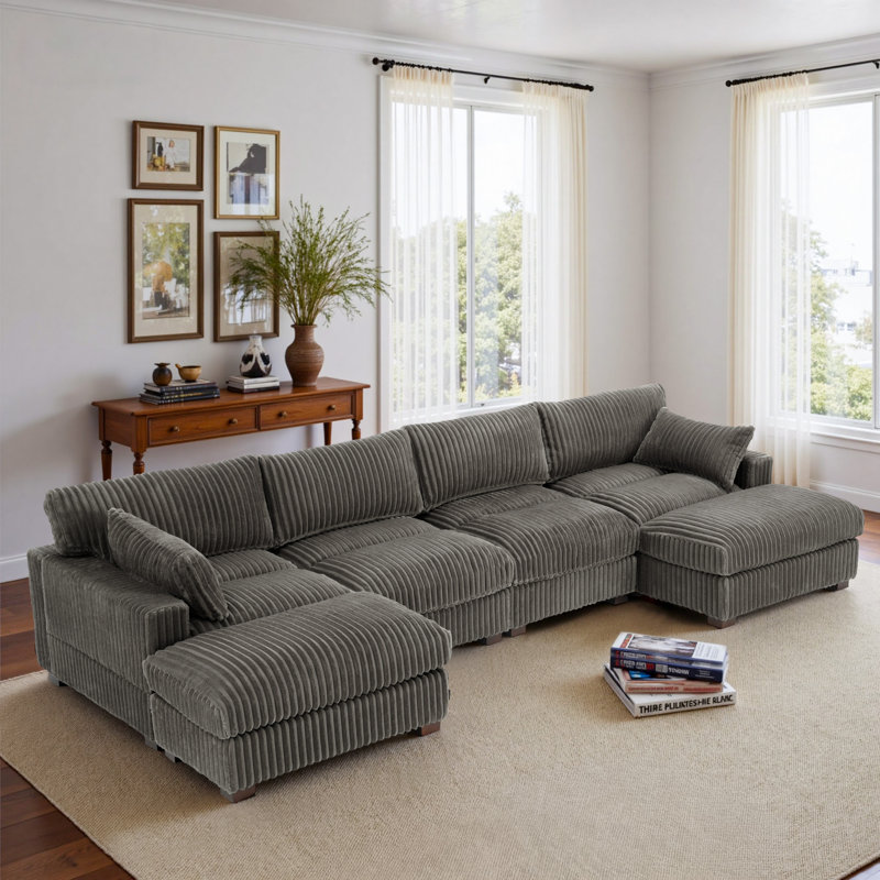 Canapé modulaire réversible 5 pièces en flanelle de fourrure de lapin gris clair, H 34,64 po x l 148,03 po x P 63,77 po