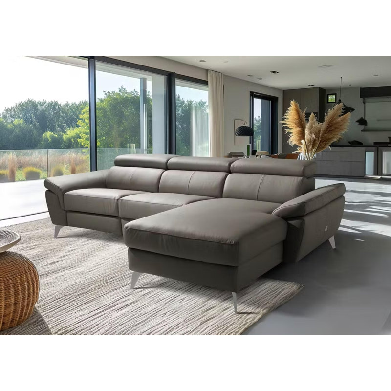 Milton Keynes Italian Leather Electric Reclining Corner Sofa with Adjustable Headrests and Adjustable Armrests, Dark Grey