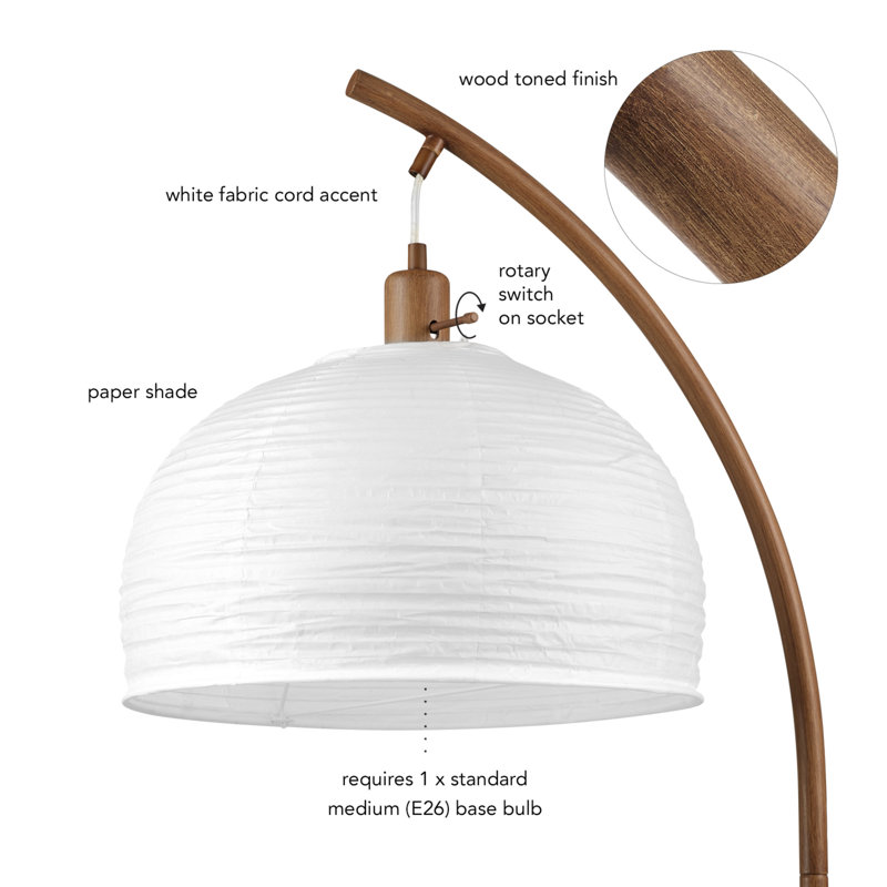 Novogratz X Globe 70" Floor Lamp, Wood-Tone Finish, White Paper Shade, On/Off Rotary Switch, 6 Ft. Clear Cord, Home Improvement, Living Room, Office