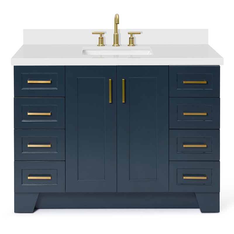 Freitas 48'' Solid Wood Single Bathroom Vanity, Midnight Blue, Rectangle, White Quartz