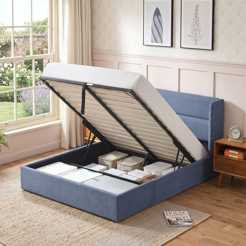 Lit plateforme tapissier avec rangement Gaillarde, Double, Bleu brume grisâtre