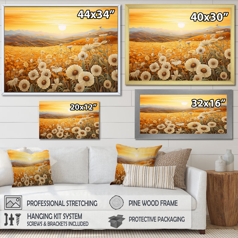 Radiant Golden Blooming Meadow II sur toile, Cadre simple noir, H 16 po x l 32 po x P 1 po