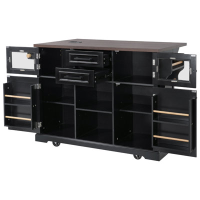 K&K 54.9" Kitchen Island With Drop Leaf, Power Outlet, Kitchen Storage Cart With 4 Door Shelves, Cross Barn Doors & Visual Glass Door, Rolling Kitchen Island On 4 Wheels For Kitchen, Dining Room,Black