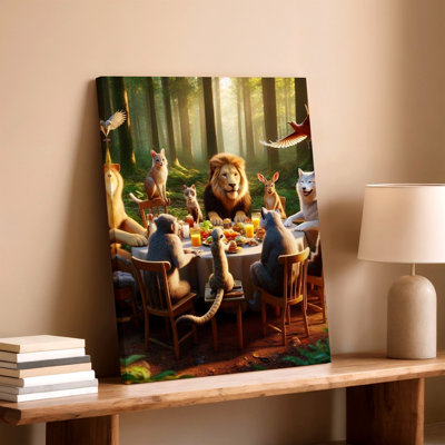 Animal Dinner Party Forest Fantasy Print Lion Wolf Panda Home Decor Canvas Wall Art Print, Animal Decorative Artwork For Living Room Bedroom Office, Hallway Gallery Wall Home Decor
