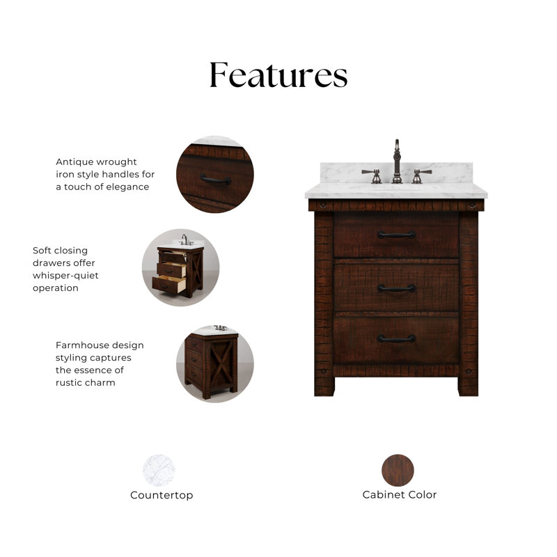Aberdeen 30 In. Single Sink Blue Limestone Countertop Vanity In Rustic Sienna With Hook Faucet, Carrara White
