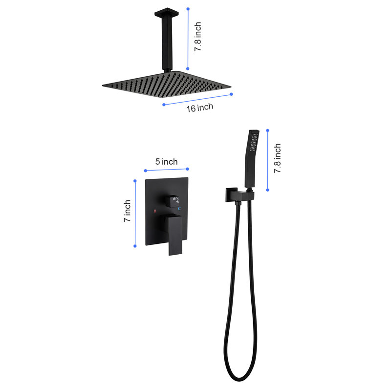 Stylish Matte Black Ceiling Shower System With Self-Cleaning Nozzle 16" Mounted Rain Fine Water Spray -
