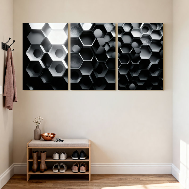 Abstrait motif hexagonal noir et blanc sur toile géométrique, ensemble de 3 reproductions d'art sur toile, H 18 po x l 36 po