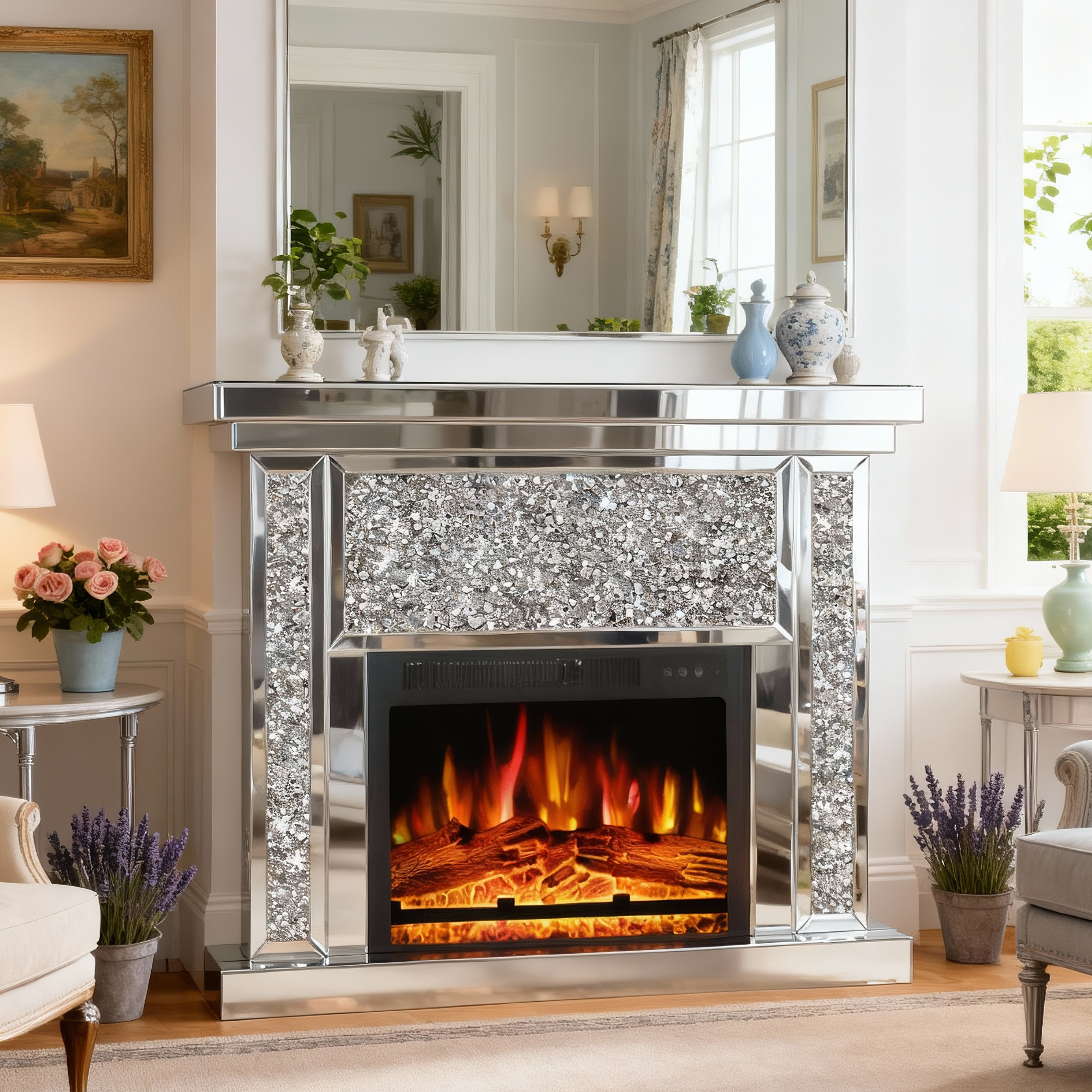 Blue Elephant Ghita Casmey Mirrored Glass Electric Fireplace Crushed