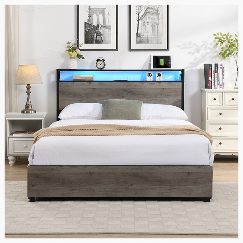 Lit de rangement avec station de charge, Gris antique, Grand lit