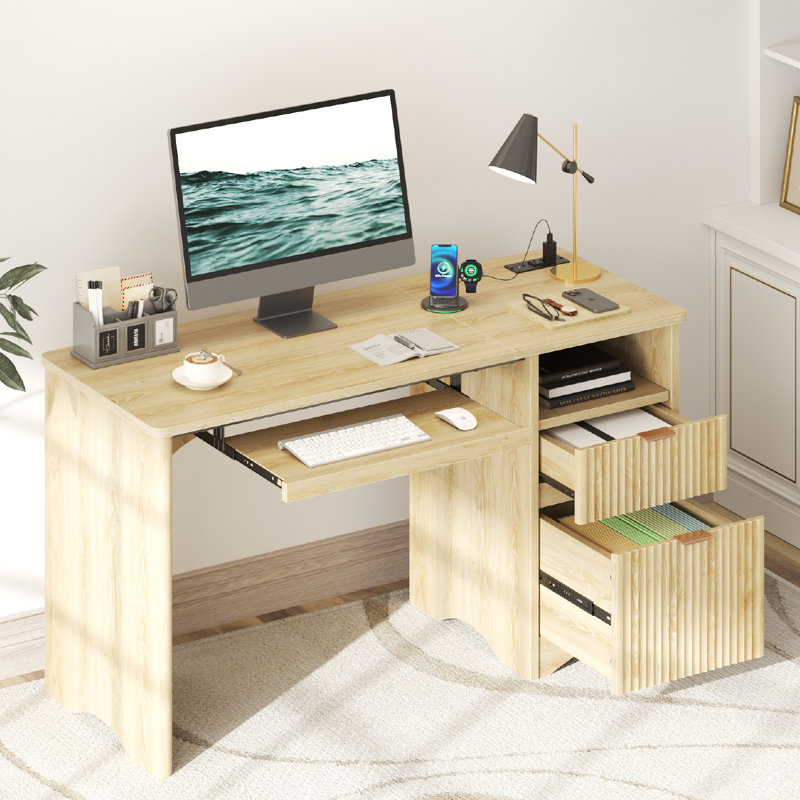Labelle 55Inch Fluted Executive Desk with Power Outlet, Modern Computer Writing Desks with File Drawers, Home Office Desk with Keyboard Tray and Open Storage Compartment