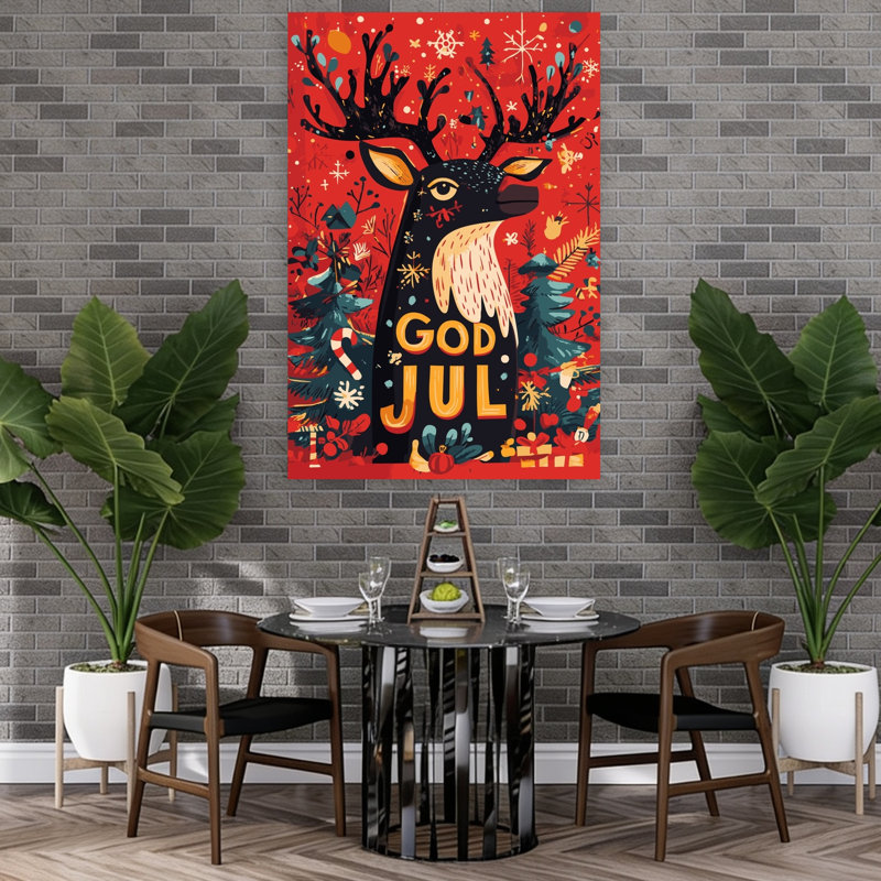 God Jul Festive Reindeer Modern Whimsical Abstract Christmas Tree Deer Nature Winter Wall Art Print 1 Piece Wrapped Canvas Wall Art