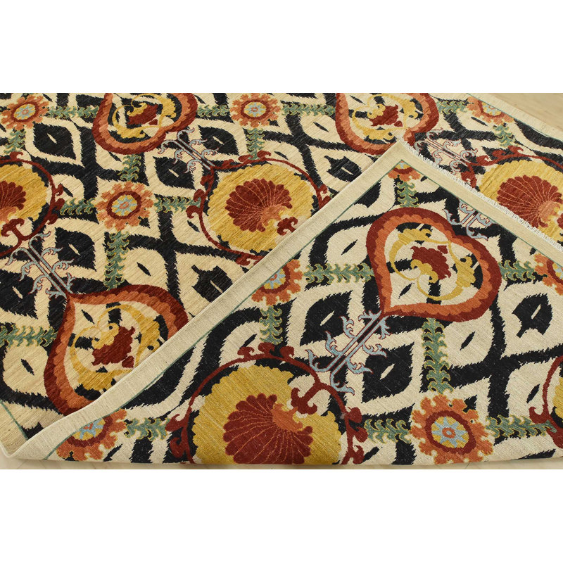 Tapis oriental en laine beige moderne noué à la main 7 pi 10 po x 13 pi Suzani Ziegler
