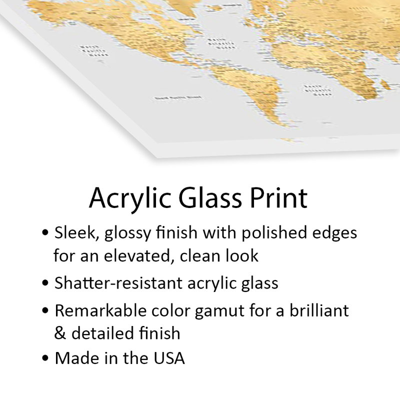 Carte détaillée du monde en or et gris, impression Everly sur verre acrylique, H 16 po x l 24 po x P 0,25 po
