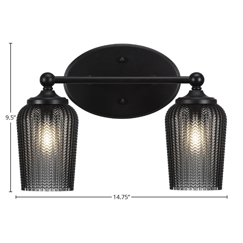 Barre d'éclairage de salle de bain 2 lumières Aitkens avec verre texturé fumé de 5 po, Noir mat