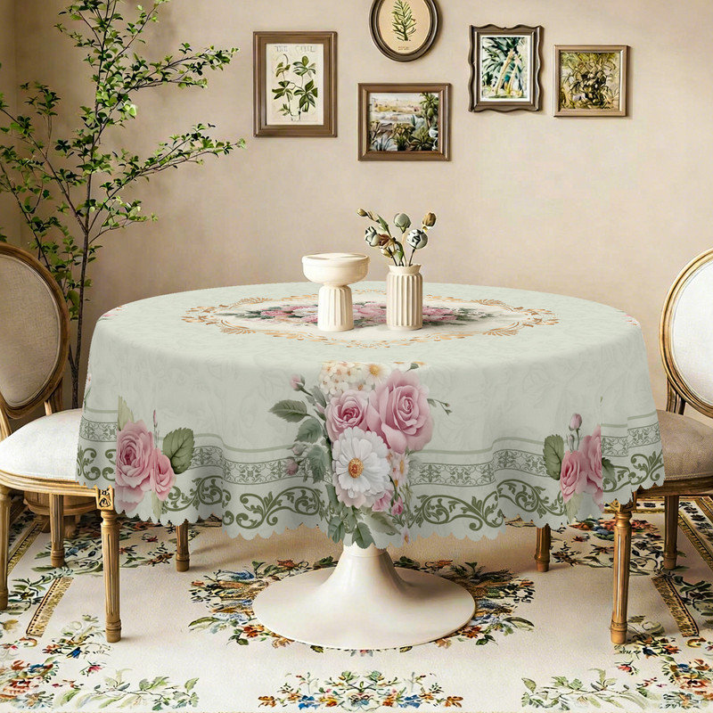 Light green washable polyester tablecloth with pink floral print