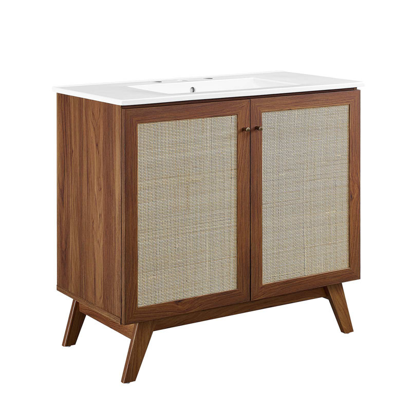 Meuble-lavabo sur pied simple 36 po avec plateau en bois manufacturé Modway Soma, Blanc, Noyer