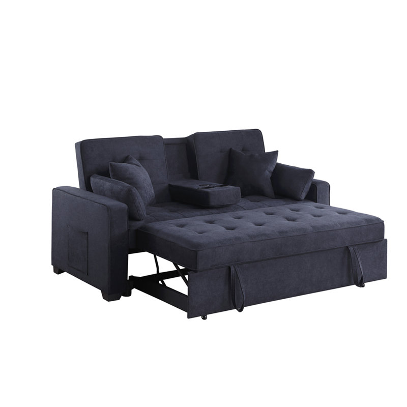 Causeuse convertible en tissu tissé gris foncé de 70 pouces avec console rabattable, porte-gobelets, ports de chargement USB et USB-C et siège à ressorts ensachés