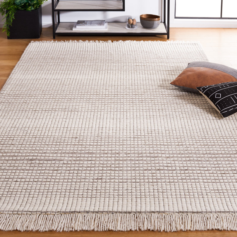 Ivory and Dark Brown Handwoven Wool 8' x 10' Area Rug