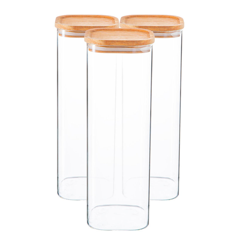 Argon Tableware - Square Glass Storage Jars with Wooden Lids - Set of 3, 29.5cm H x 10cm W x 10cm D