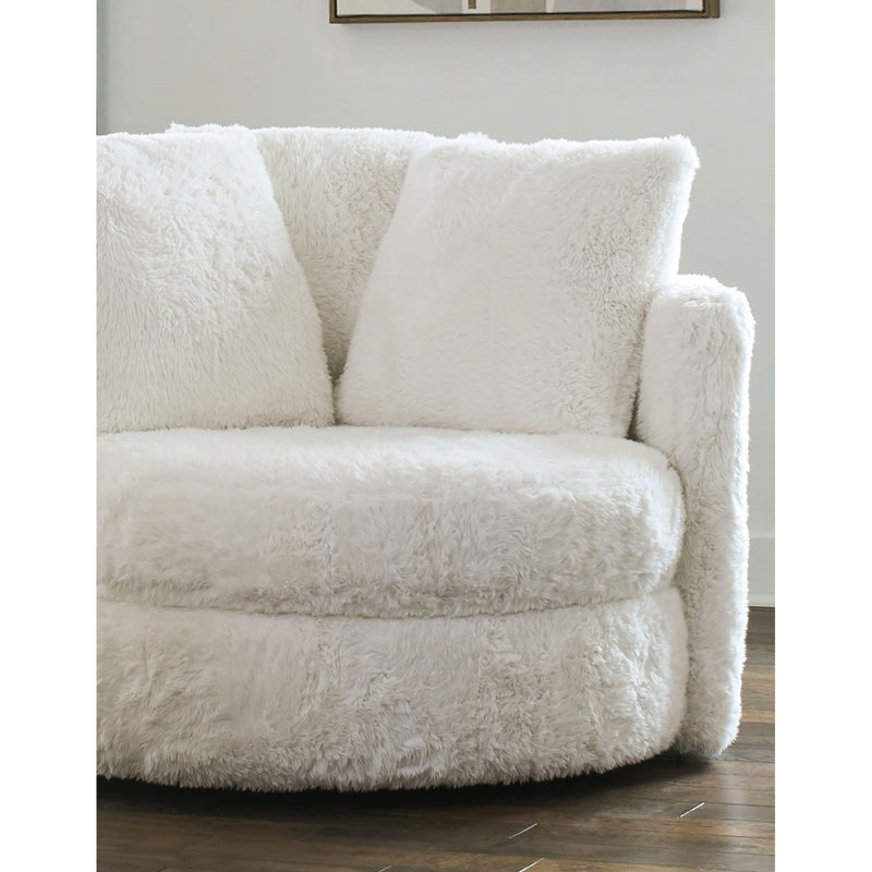 Fauteuil d'appoint contemporain blanc, recouvert de chenille, accoudoirs droits, coussin de dossier amovible, profondeur et largeur de 124 cm, hauteur de 97 cm, poids de 41 kg, pivotant, coussin de dossier incurvé (1 pièce), profondeur, poids, mouvement.