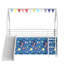 Lit mezzanine double Zeso pour enfants, motif maison, bleu et blanc, avec glissade et rideau