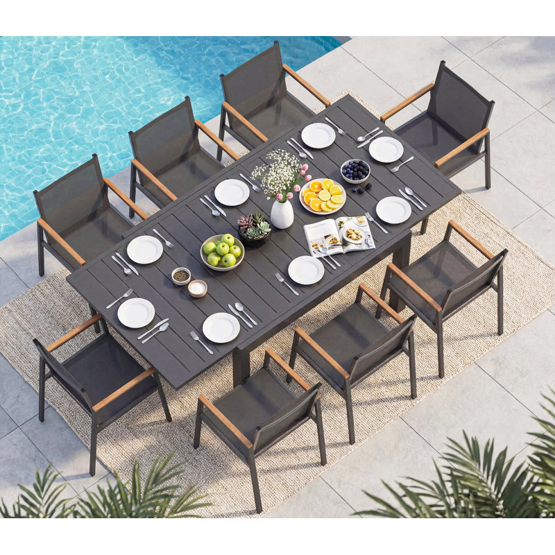 8-Person Expandable Aluminum Outdoor Dining Set, 8 Chairs with Textilene Fabric & HDPS Armrest, All-Weather Patio Furniture Set, Gray