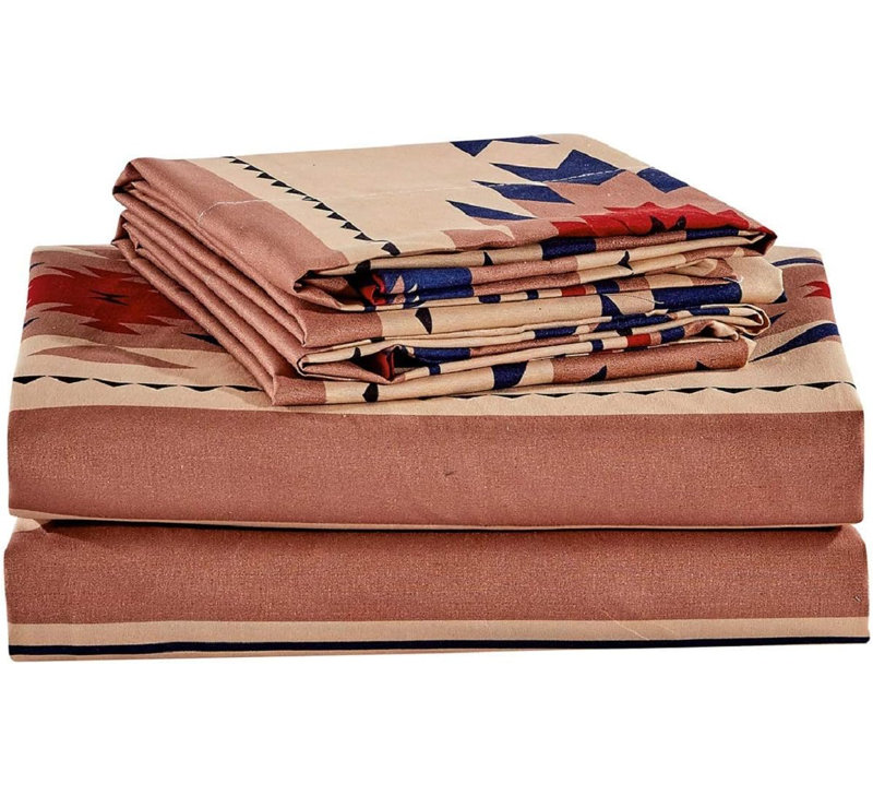 Microfiber Multicolor Southwestern Tribal Aztec Sheet Set, Queen Sheet Set with 2 Pillowcases, Coffee/Red/Navy