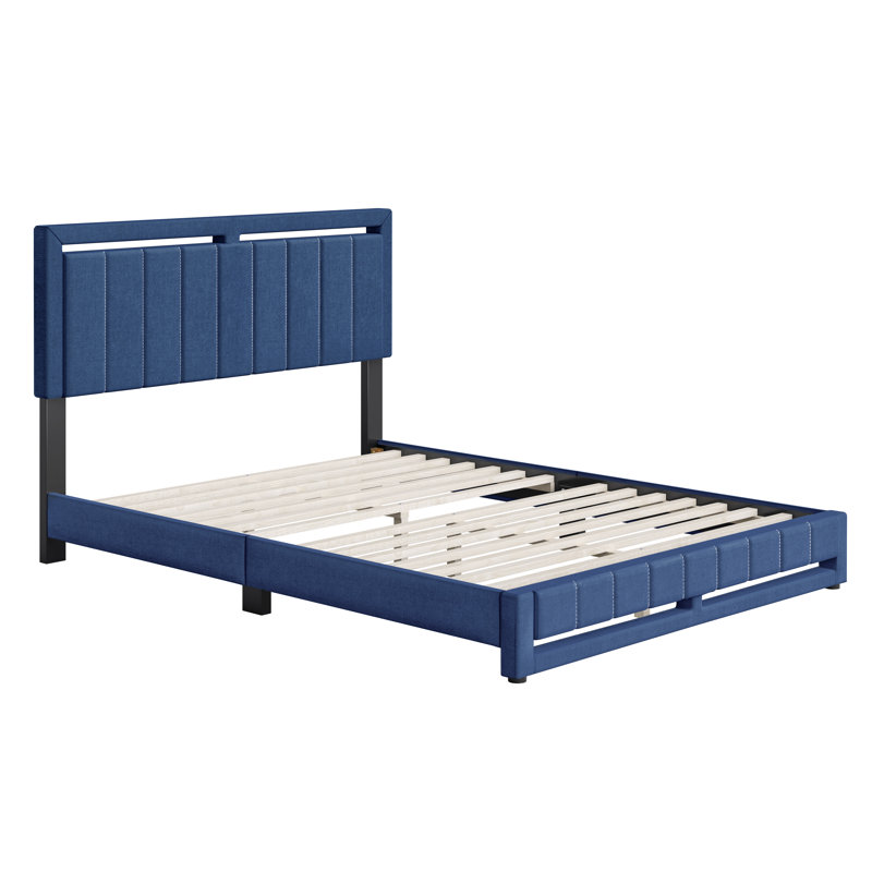 Base de lit tapissier Senata Linen, Simple, Bleu