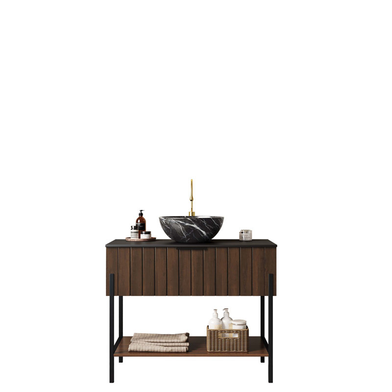 Meuble-lavabo autoportant avec lavabo, tiroir et tablette, offrant beaucoup de rangement et une installation facile pour les salles de bain modernes.