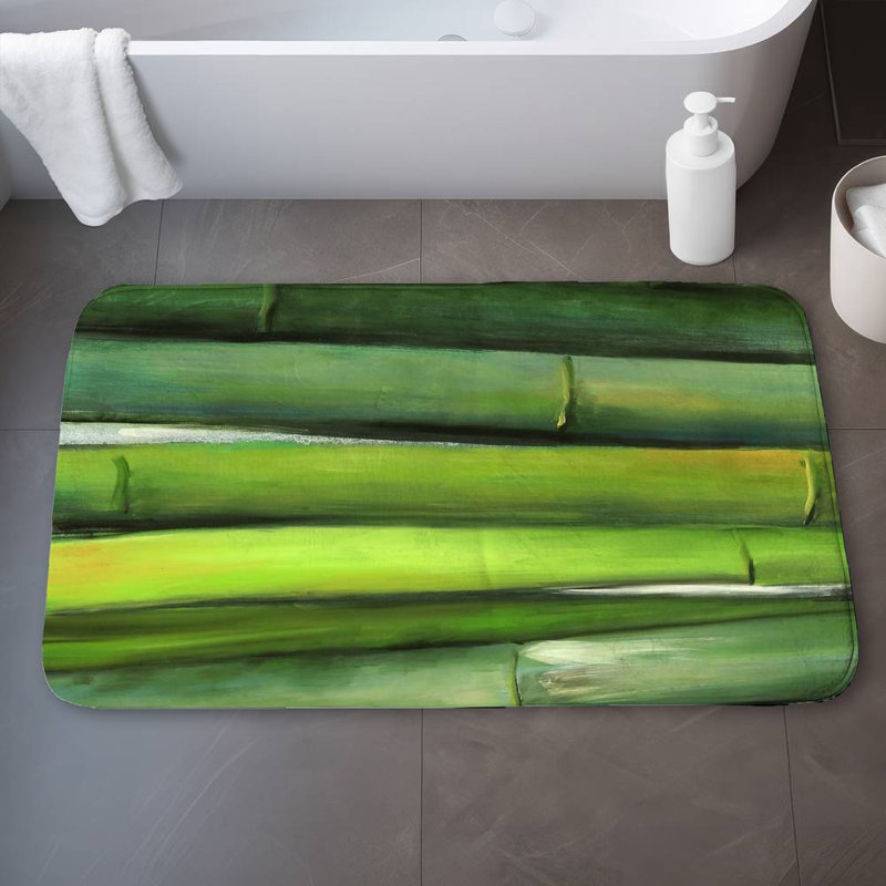 Green bamboo Bath Mat with Non-Slip Backing - Quick Dry Memory Foam Bathroom Rug - Absorbent - Modern Plush Spa-Style - Machine Washable
