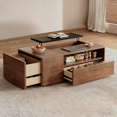 51'' Walnut Lift-top Coffee Table With Hidden Storage Drawers And Open Shelves-- Arrtle Furniture