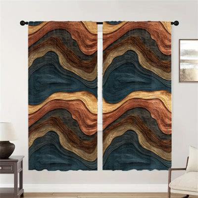 2 pièces de rideaux à motif de grain de bois rétro, rideau filtrant la lumière à texture abstraite et ondulée pour le salon